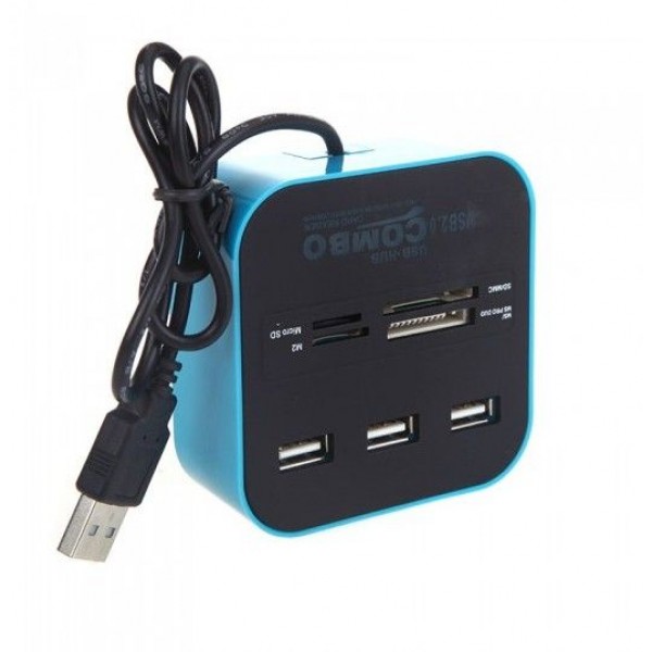 All in One Multi-card Reader with 3 Ports USB 2.0 Hub Combo for SD/MMC/M2/MS 【C1753Blue】