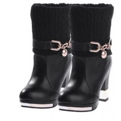 بوت نسائي جلد مع صوف بكعب مربع