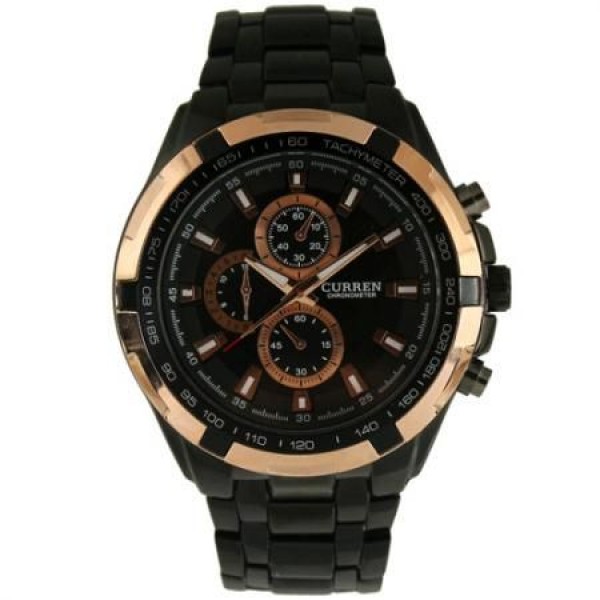 Curren Black Golden Steel Wrist Watch WV008 For Men ‫(Analog, Casual Watch)