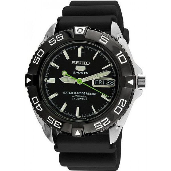 Seiko 5 Black Dial Rubber Strap Automatic Mens Watch SNZB23J2