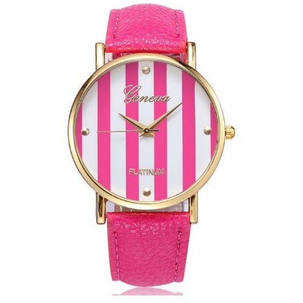 Geneva Leather Watch With Golden Stripped Dial Pink