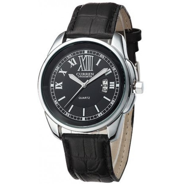 Curren Men's Black Roman Dial Leather Strap Watch [M8060BB